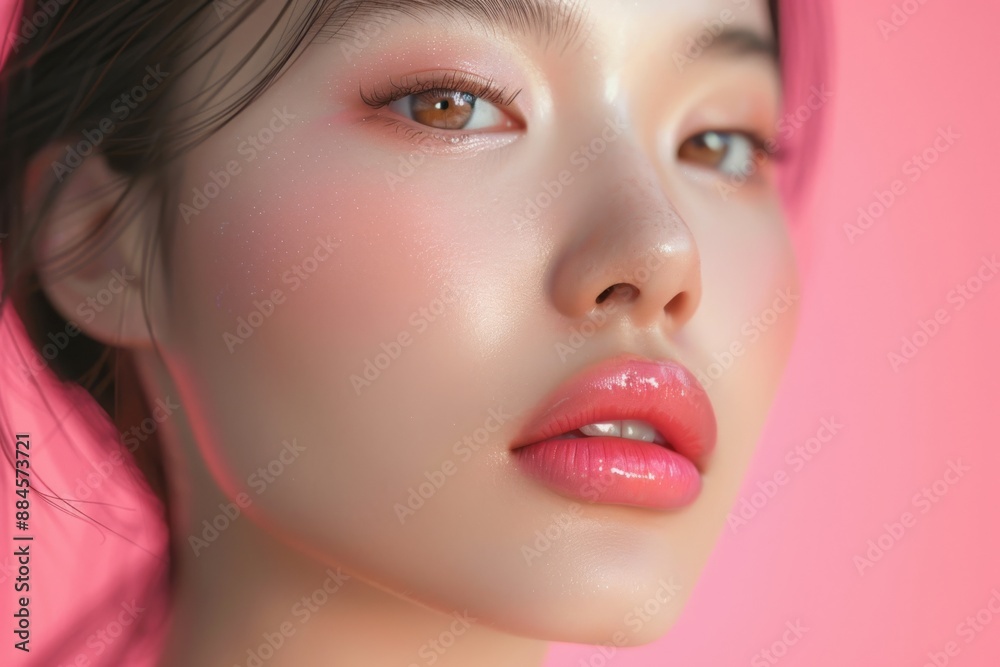custom made wallpaper toronto digitalClose-up of a woman's face with glossy lips and glittery makeup on a pink background. Makeup and skincare concept