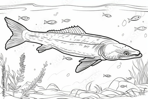 Black and white illustration of a fish swimming among aquatic plants and smaller fish