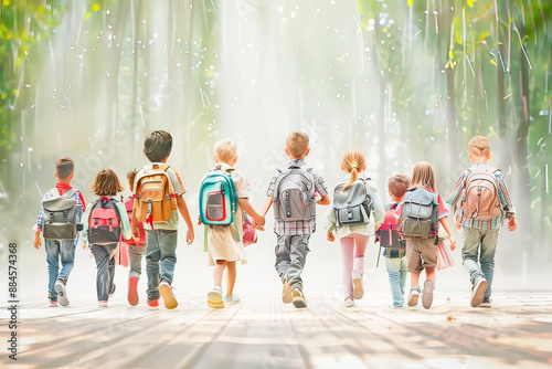 Children Walk Back to School Through a Forest. back to school