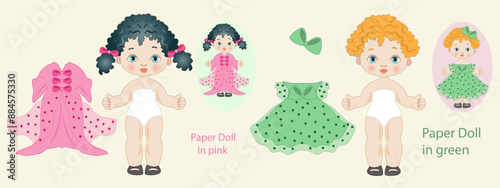 Double paper doll illustration with different doll and different pink and green clothes