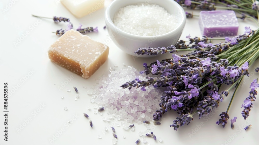 Arrangement of sea salt soap and lavender on white background Arrangement of sea salt soap and lavender on white background
