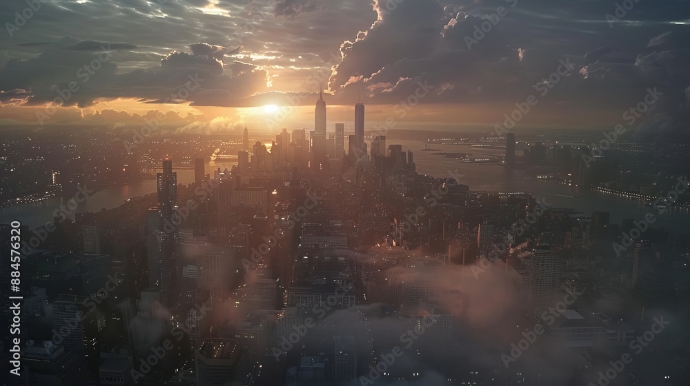 Stunning sunset over a city skyline with silhouetted buildings and dramatic clouds in the background Stunning sunset over a city skyline with silhouetted buildings and dramatic clouds in the background