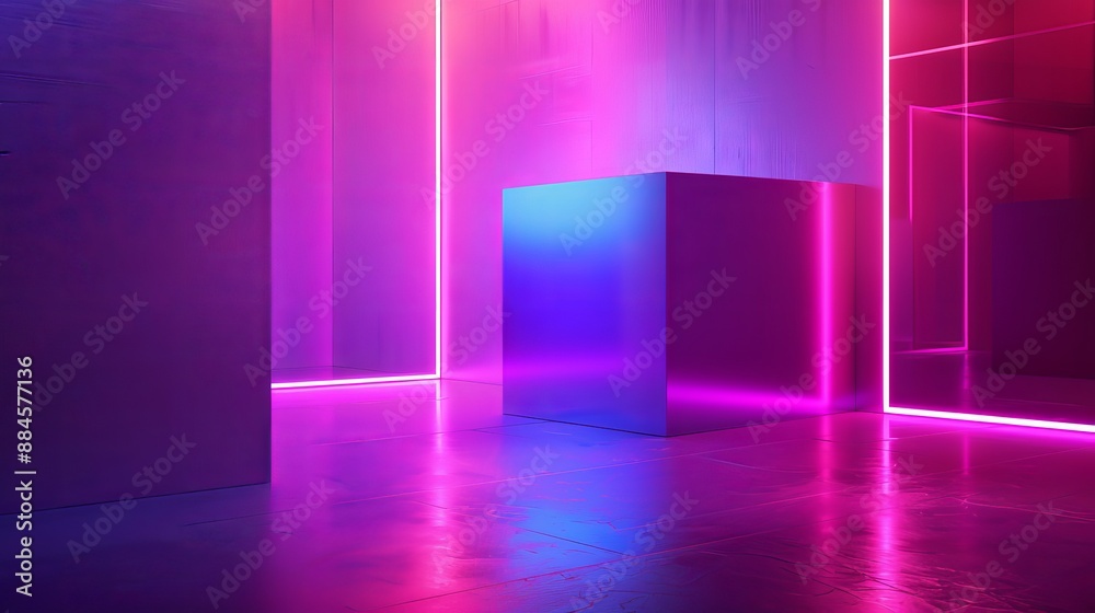 Neon cube box glows in ultraviolet light, creating an abstract 3D background. Neon cube box glows in ultraviolet light, creating an abstract 3D background.