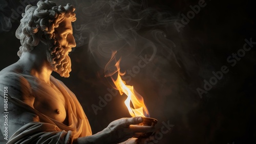 Marble statue holding Olympic fire with smoke swirling in the air, symbolizing ancient traditions and modern sportsmanship