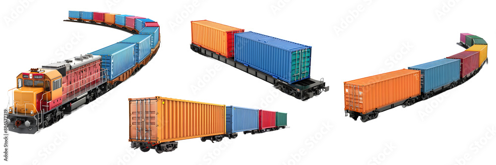 Toy model of a freight train with colorful cargo containers isolated on a white background, png