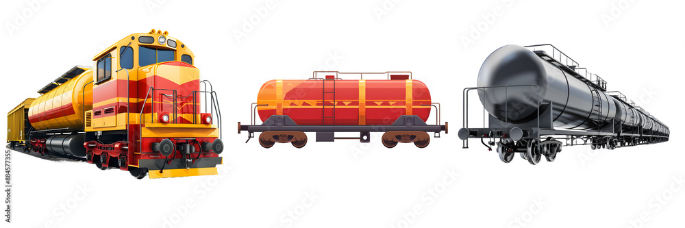 Diesel locomotive, tank car, and hopper car isolated on a white background, png Diesel locomotive, tank car, and hopper car isolated on a white background, png