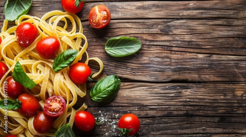 pasta with cherry tomatoes and basil on wooden background 