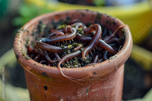 Thriving earthworms in terracotta flowerpot, promoting natural aeration and fertilization in organic gardening through vermiculture and waste management photo