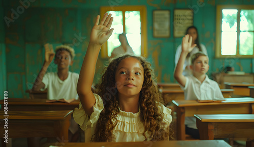 A black girl with long hair is raising her hand in a classroom in cartagena colombia