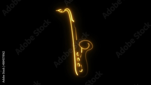 Neon saxophone. Line art. Glowing neon line. Musical instrument. Isolated on black background. Sax Music. Concert and bar animation.  Party. Saxophone player. Brass instrument. Sax music. Music art.

