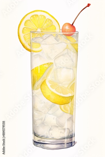 A watercolor illustration of a Tom Collins cocktail in a tall glass, garnished with lemon slices, ice cubes, and a cherry on top