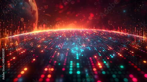 Futuristic abstract stocks marketing and technology background featuring an array of colorful lights symbolizing worldwide networks and digital advancement.