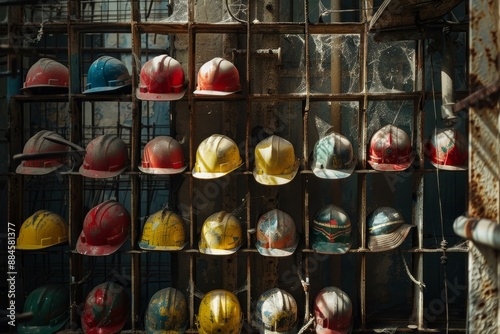 Wallpaper Mural A collection of used, colorful hard hats hanging on a storage rack at a construction site Torontodigital.ca