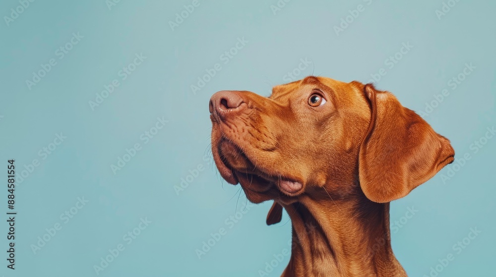 Portrait of Hungarian Vizsla dog in studio with pastel blue background Portrait of Hungarian Vizsla dog in studio with pastel blue background