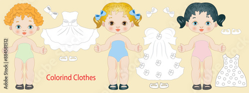 Three different paper dolls with clothes to color