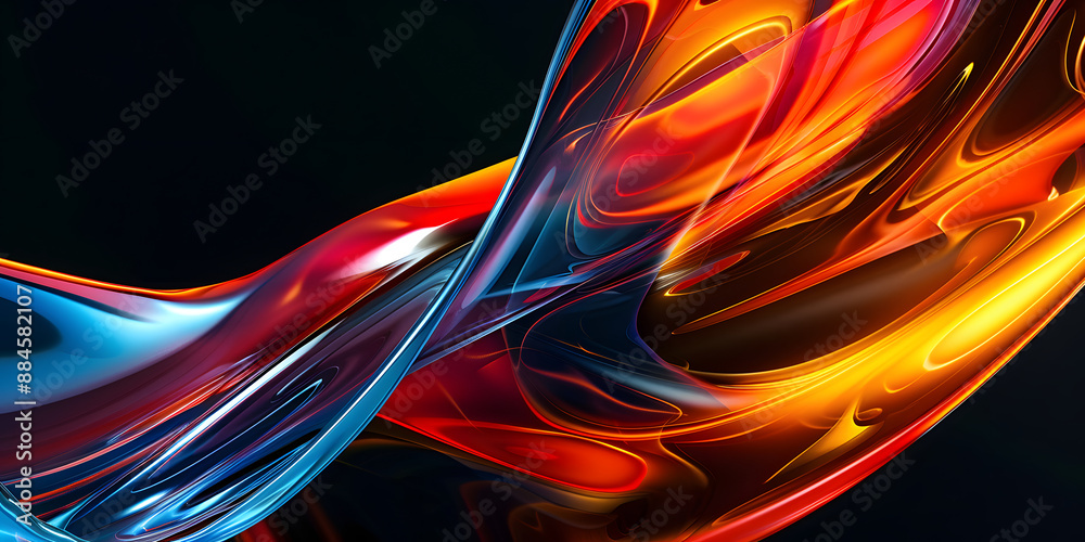 Abstract 3d rendering of liquid glass in the form of a wave with a red blue orange gradient. Banner design element. abstract multicolored glass wave on a dark background Abstract 3d rendering of liquid glass in the form of a wave with a red blue orange gradient. Banner design element. abstract multicolored glass wave on a dark background