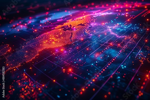 Abstract stocks marketing and technology background with a dynamic display of lights in vibrant hues representing global connectivity and innovation.