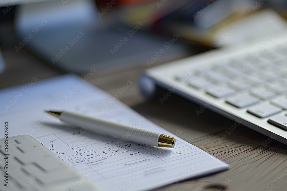 Focused image capturing a pen on a notebook with handwritten notes, next to a keyboard Focused image capturing a pen on a notebook with handwritten notes, next to a keyboard