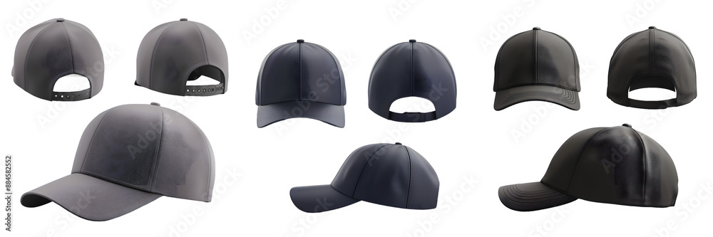 Modern baseball cap collection in grayscale, isolated on a white background, png Modern baseball cap collection in grayscale, isolated on a white background, png