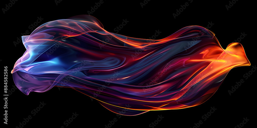 Obraz premium Abstract 3d rendering of liquid glass in the form of a wave with a red blue orange gradient. Banner design element. abstract multicolored glass wave on a dark background