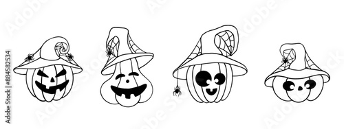 Set of doodle autumn pumpkin characters with cobwebs and spiders.Cartoon vector graphics.