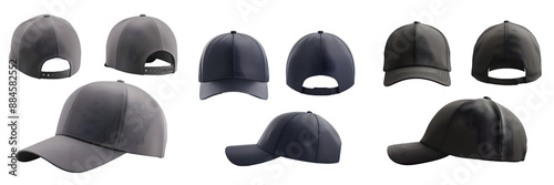 Modern baseball cap collection in grayscale, isolated on a white background, png photo