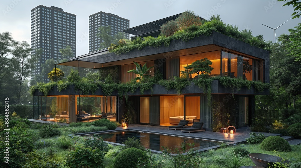 Modern eco-friendly house with green roof and lush garden, suitable for architecture and sustainability themes Modern eco-friendly house with green roof and lush garden, suitable for architecture and sustainability themes