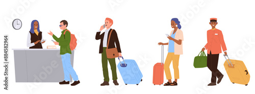 People guests, visitors, hotel workers cartoon character with luggage suitcase in queue at reception