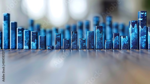 An impactful bar graph showcasing a sharp rise in stock values, with bars in contrasting shades of blue, set against a minimalist white surface.