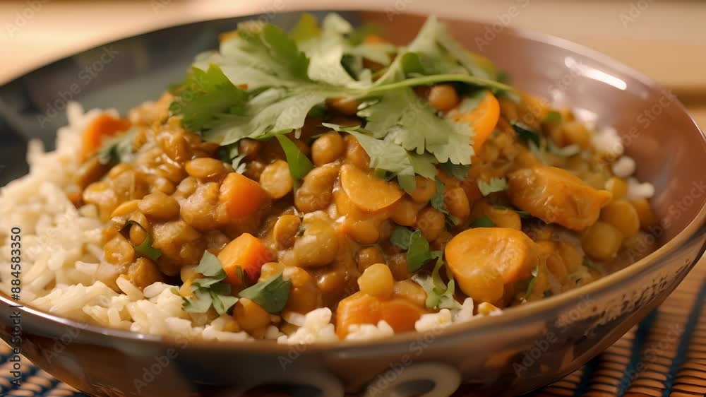 A flavorful lentil and vegetable curry served over fluffy brown rice and sprinkled with fresh cilantro.