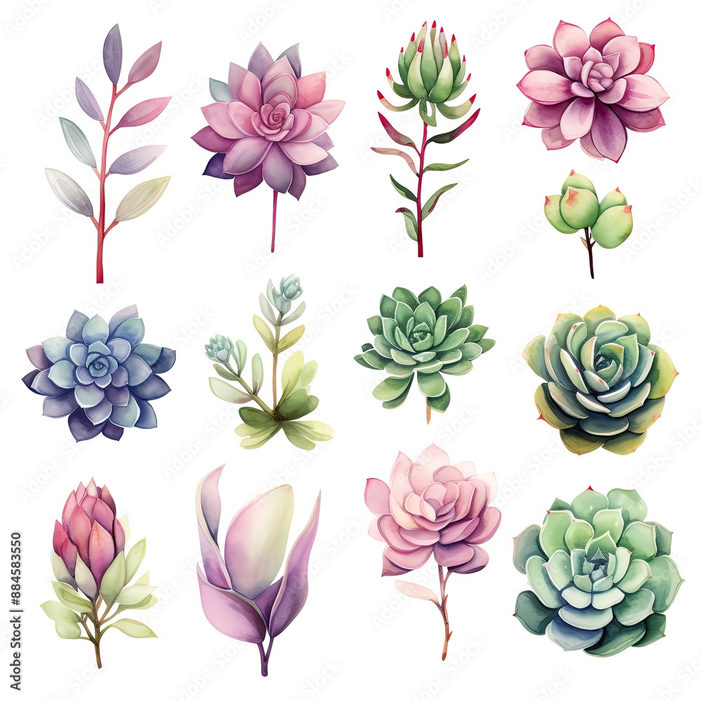 Fototapeta premium Set of twelve watercolor succulent illustrations in various colors and styles against a white background.