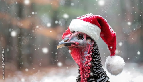 Turkey Wearing Santa Hat In Snowy Woods