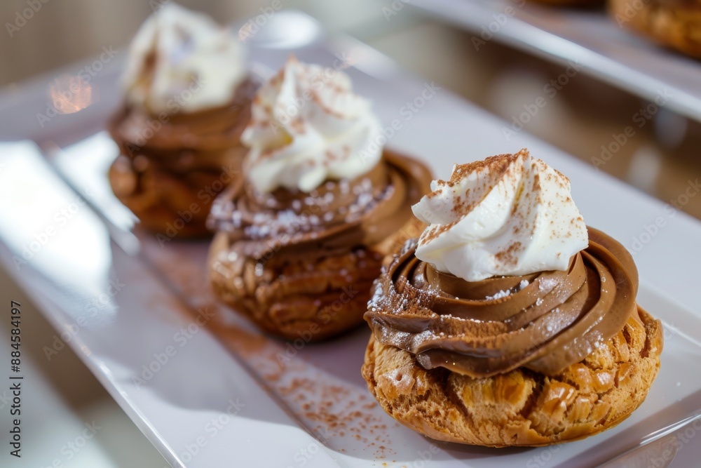 Pastries with chocolate cream and whipped cream on white plate. Close-up shot. Dessert and gourmet food concept. Pastries with chocolate cream and whipped cream on white plate. Close-up shot. Dessert and gourmet food concept.