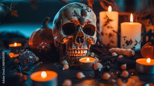 Close-up of Halloween party decorations on a table, including skulls, candles, and mini pumpkins, with a plain background 
