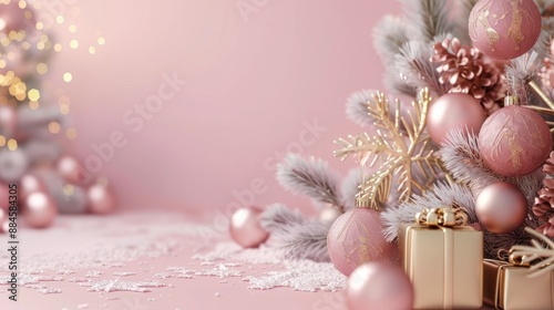 Merry Christmas and New Year. Festive composition. Beautiful pink Christmas design. Fir branches, shiny golden balls, confetti and baubles. Christmas background.