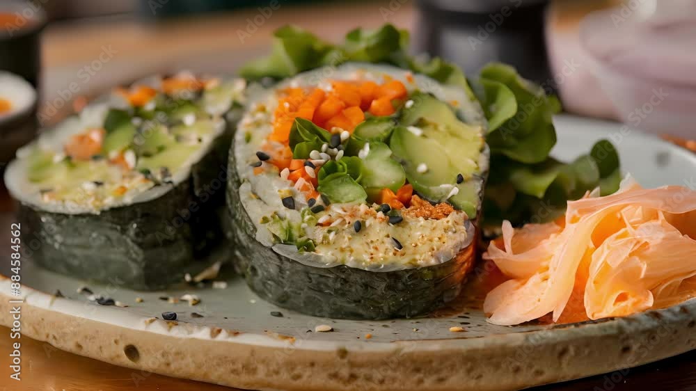 Vegan sushi burritos stuffed with tangy pickled carrots crisp lettuce and creamy avocado served with a side of y ginger sauce. Vegan sushi burritos stuffed with tangy pickled carrots crisp lettuce and creamy avocado served with a side of y ginger sauce.