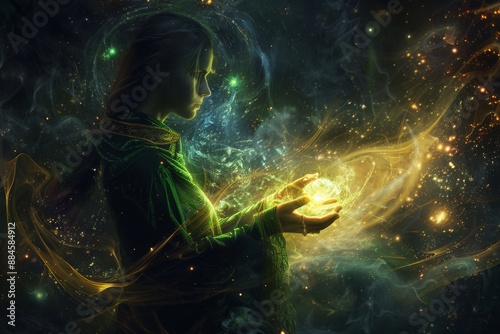 Witch casting a spell with glowing hands, surrounded by swirling magical energy, set against a dark, enchanted background 