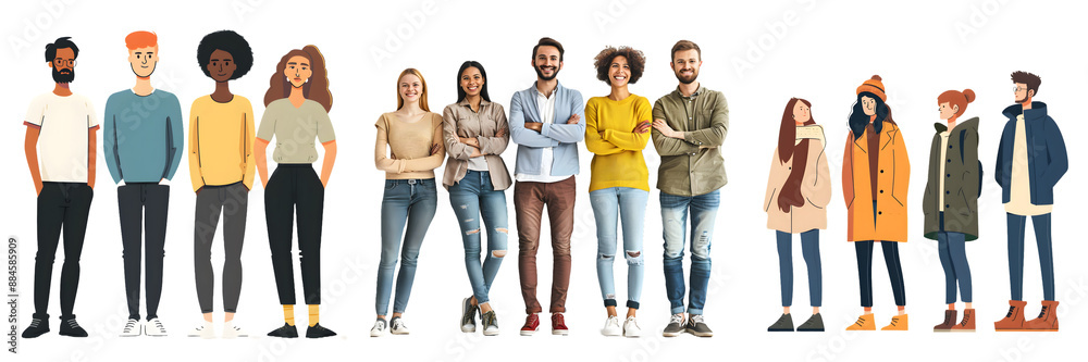 Obraz premium Diverse group of people standing in a row, isolated on a white background, png