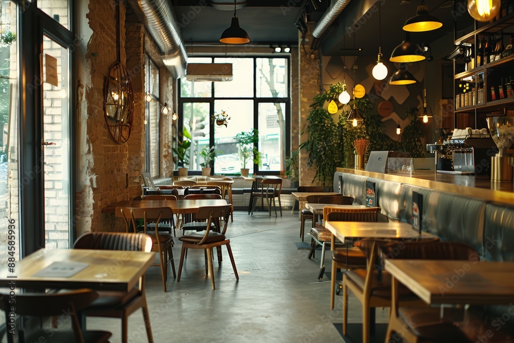 Stylish, modern cafeteria with brick walls, windows, wooden tables Stylish, modern cafeteria with brick walls, windows, wooden tables