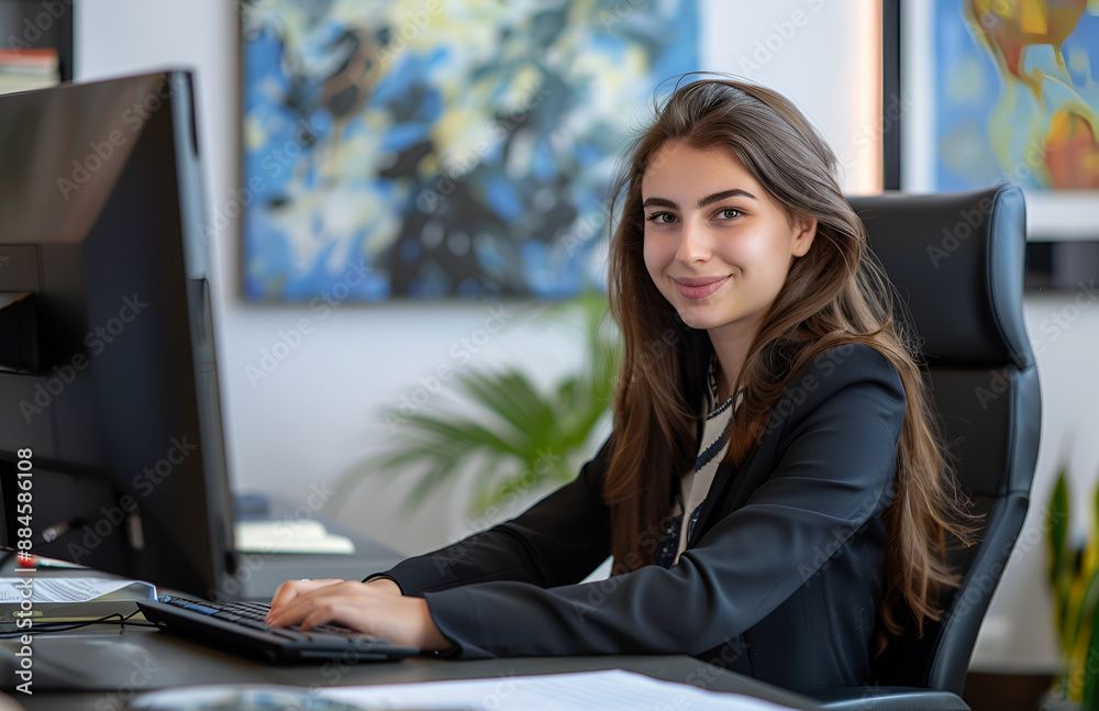 Professional Woman Working at Modern Office Desk Professional Woman Working at Modern Office Desk