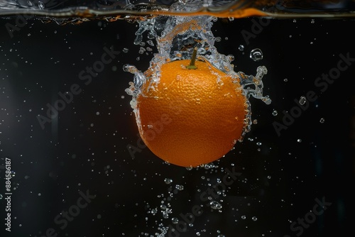 Fresh Ambersweet Orange falling into the water with a splash on a black background