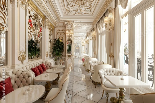 A beautifully decorated cafe interior with white furniture and large windows