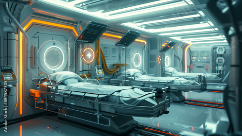 Space Medicine Starship Intensive Care Unit science fiction environment, with three round white badge empties inserted in the background.宇宙医療スターシップの集中治療室のSF環境、背景には3つの丸い白いバッジエンプティを挿入する.Generative AI  © lime
