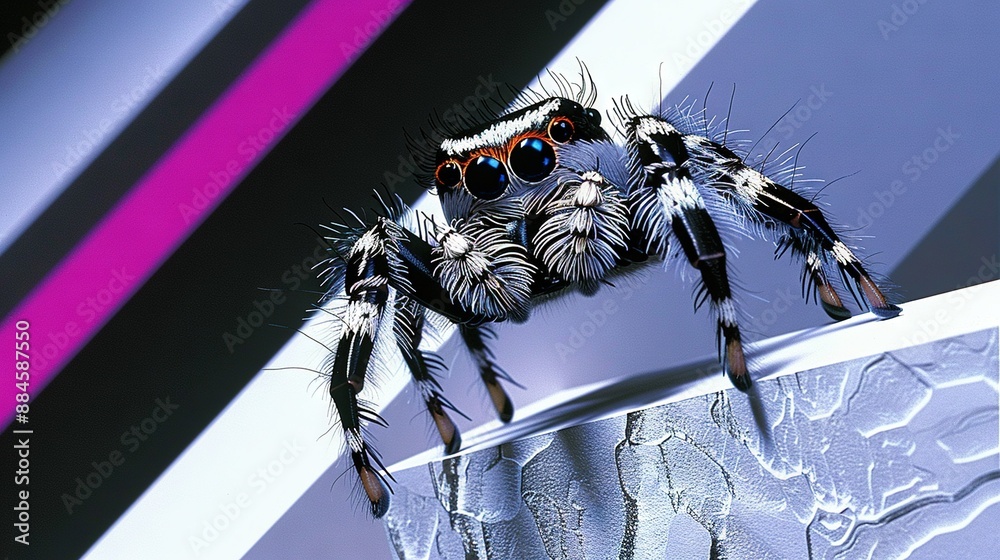 Fototapeta premium A close-up shot of a spider perched on a wall with a vibrant purple-black stripe in the background and a monochrome black-white stripe behind it