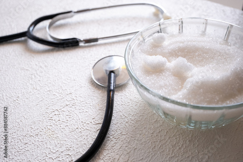 stethoscope and granulated sugar on a white background photo