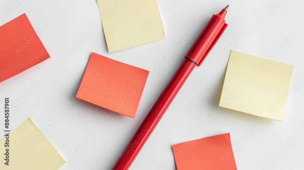 Red crayon and blank sticky notes on white backdrop Red crayon and blank sticky notes on white backdrop