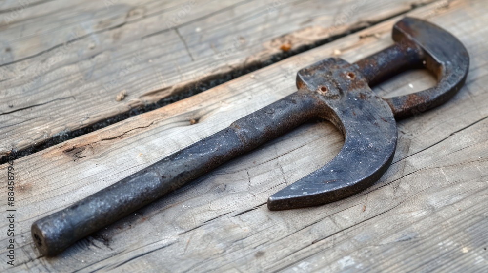 Rusty Metal Tool on Wooden Surface Rusty Metal Tool on Wooden Surface