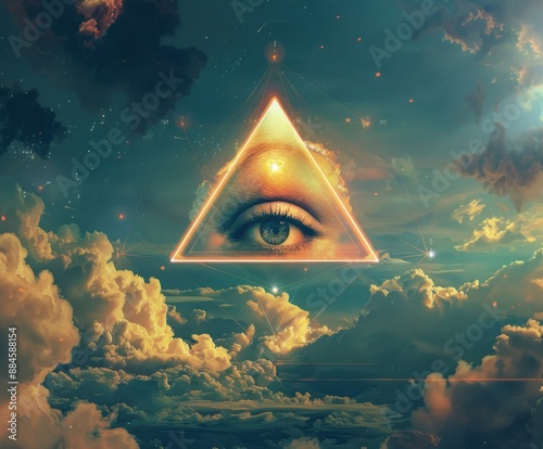 Surreal eye within a triangle above clouds photo