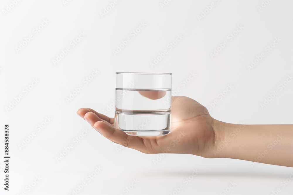 Hand Holding a Glass of Clear Water Against a White Background, Minimalistic and Clean Composition for Advertising, Health, and Hydration Concepts Hand Holding a Glass of Clear Water Against a White Background, Minimalistic and Clean Composition for Advertising, Health, and Hydration Concepts