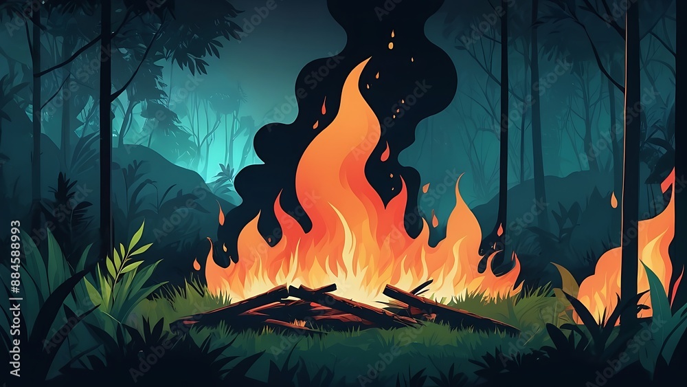 Forest fire, forest fire with burning trees, natural disaster vector background burning forest, environmental pollution
